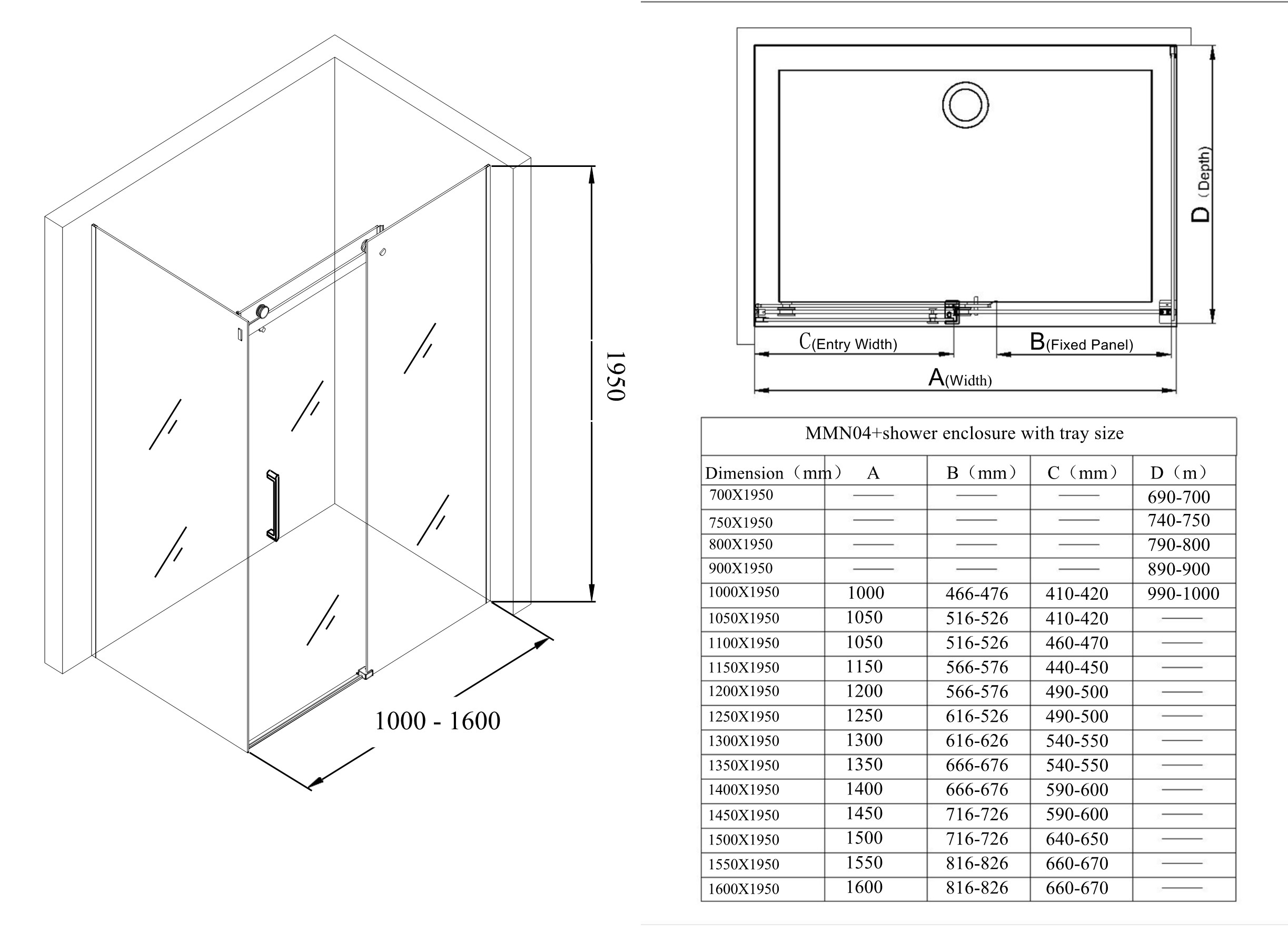 Durovin Bathrooms | Frameless Shower Cubicle with Shower Tray Sliding Glass Corner Walk Technical Image